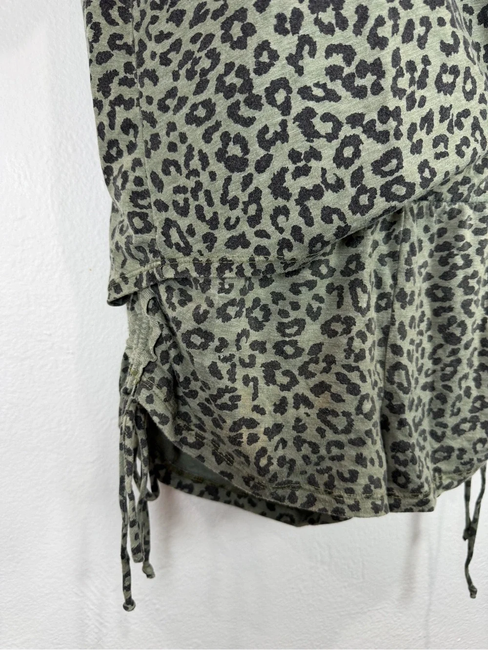 Leopard Lounge Set Maronie Olive Green Oversized Top Drawstring Shorts S Boho